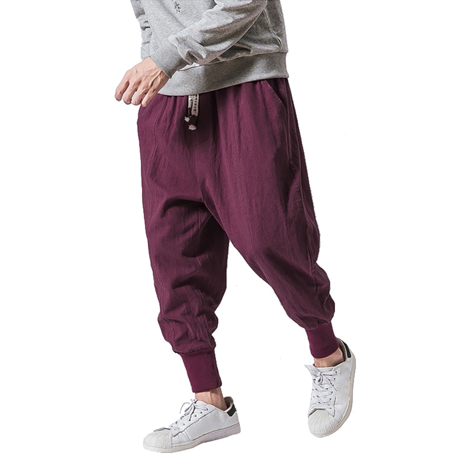 thumbnail image 2 of Pantalones de algodón y lino con entrepierna baja para hombre: cintura elástica, pantalones informales para todas las estaciones, tallas M-XXXL, 2 of 8